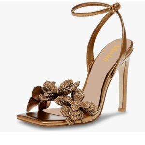 miss left Gold Rhinestones Stiletto Heel Sandals with Strap Buckle Flower Shoes